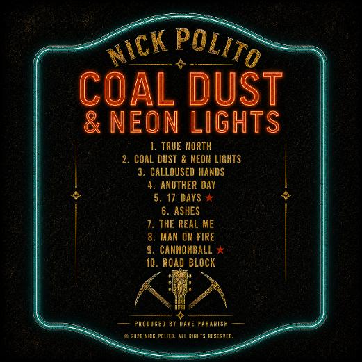 Album cover with neon-style text listing song titles and artist Nick Polito, titled 'Coal Dust & Neon Lights'.