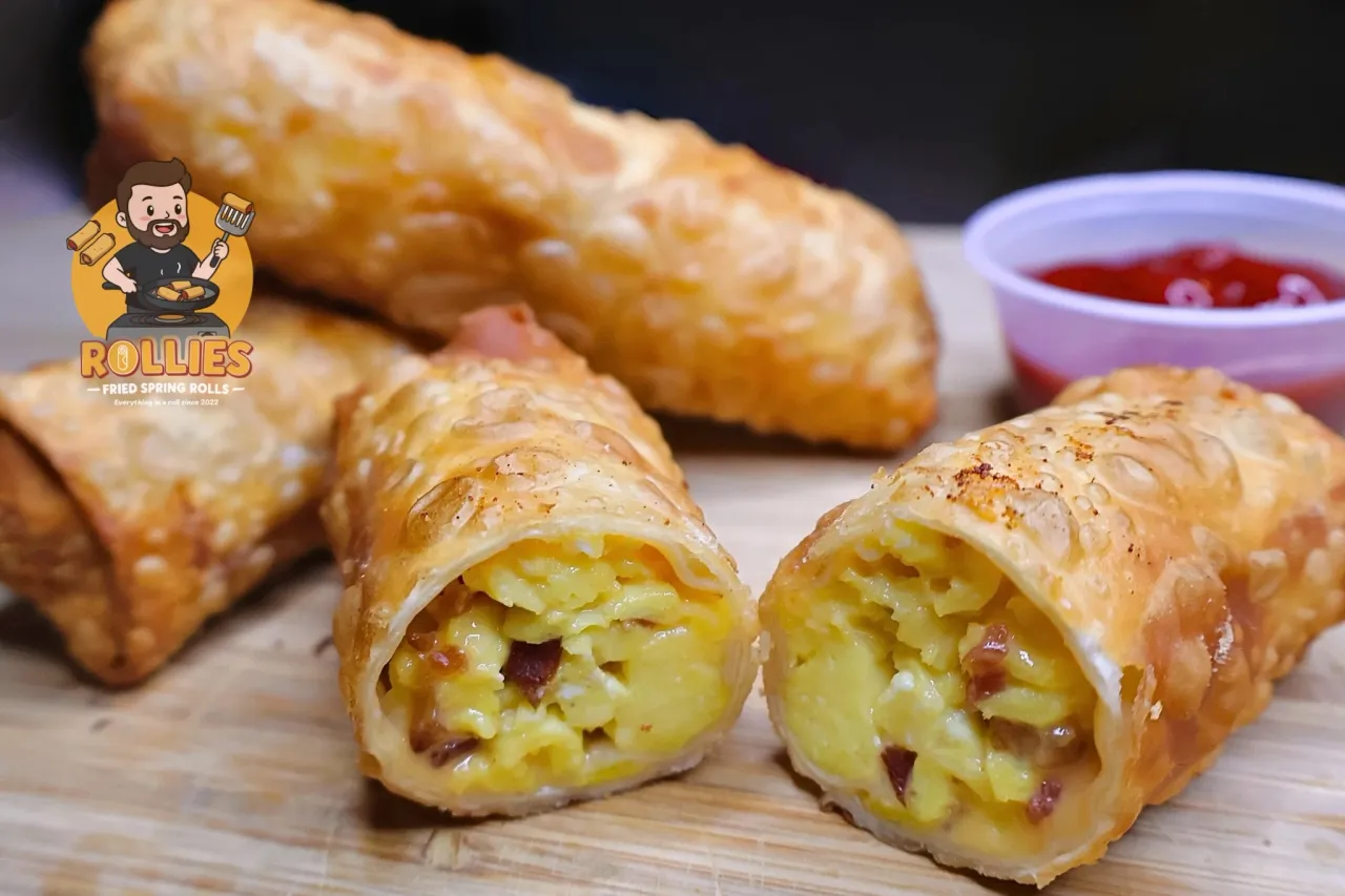 Three fried spring rolls with one cut open, revealing a yellow filling, on a wooden surface with a small bowl of red dipping sauce