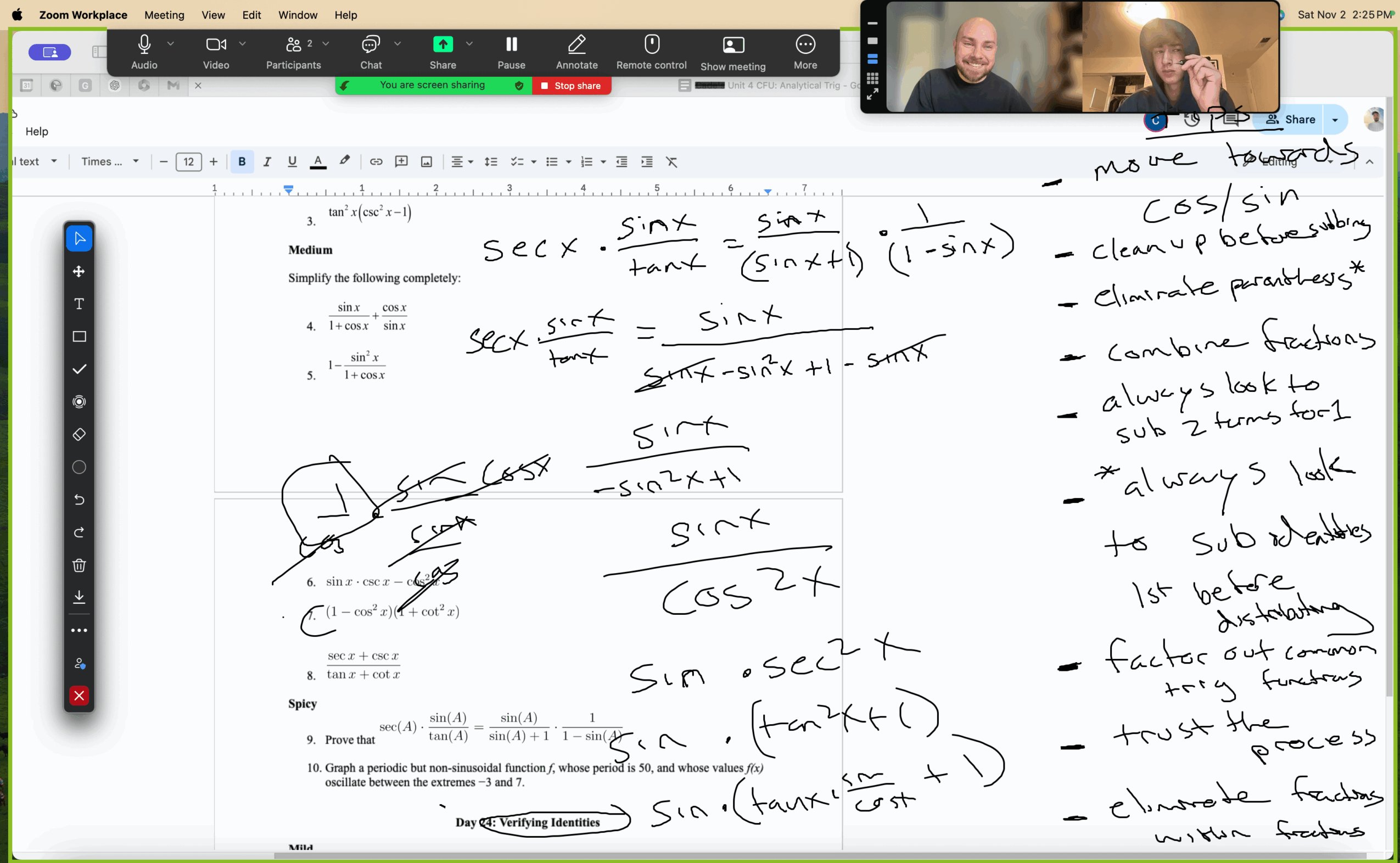 Handwritten notes and diagrams on paper, with a video call window showing two people in the top right corner.
