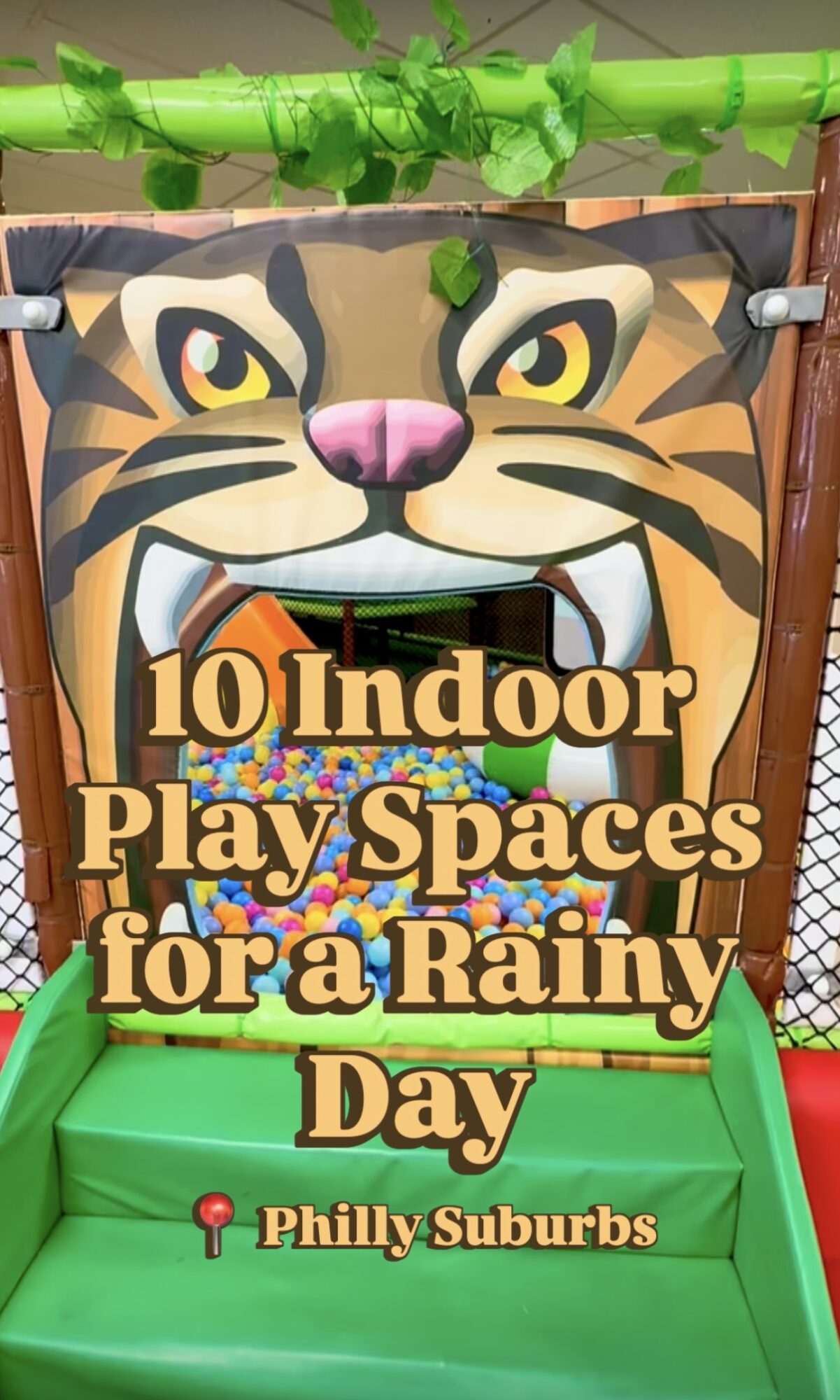Sign with a tiger face, colorful text about indoor play spaces for rainy days, located in Philly Suburbs.