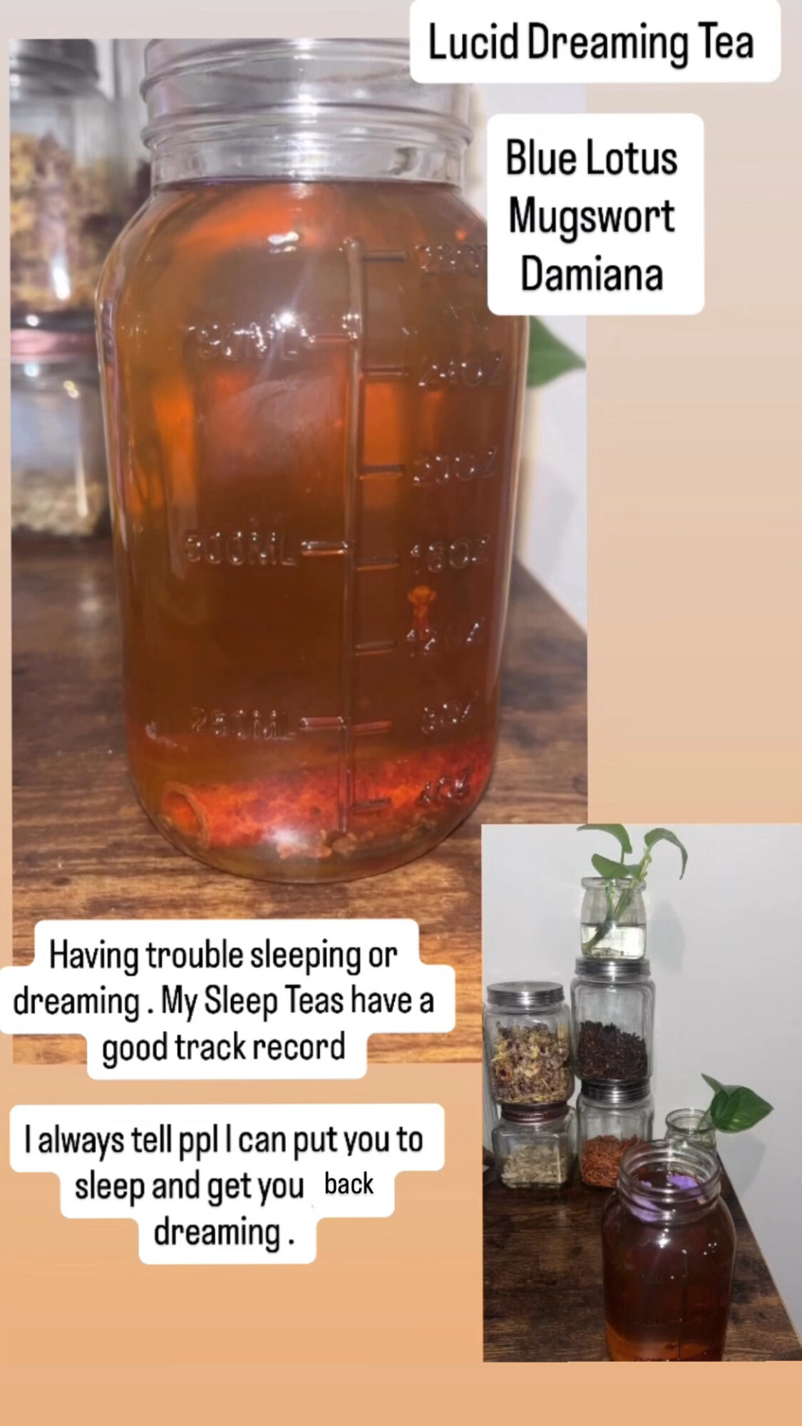A jar of tea with labels: Lucid Dreaming Tea, Blue Lotus Mugwort Damiana. Text mentions trouble sleeping and using tea for sleep.