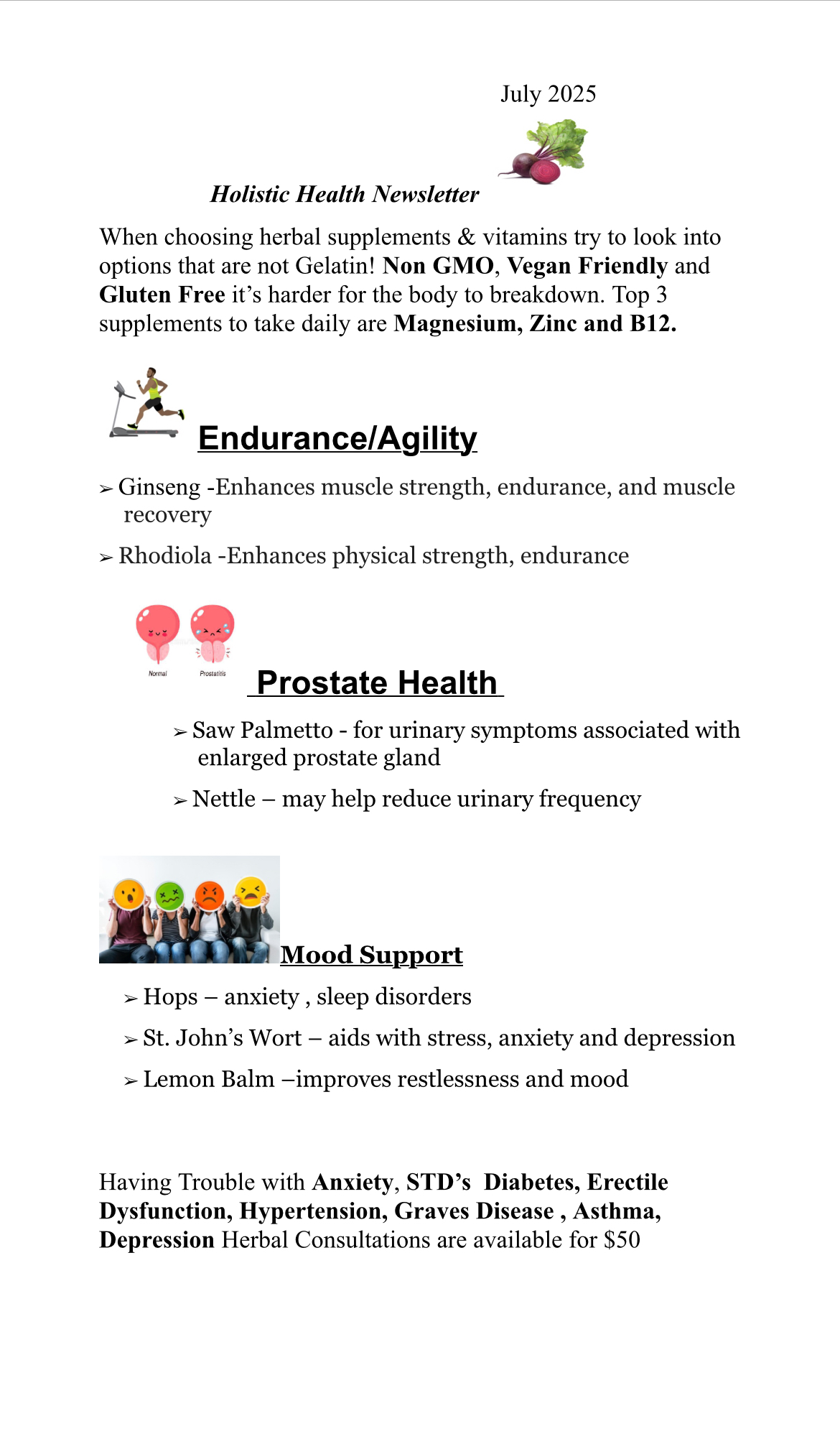Page from a newsletter with sections on endurance, prostate health, and mood support, including bullet points and emojis.
