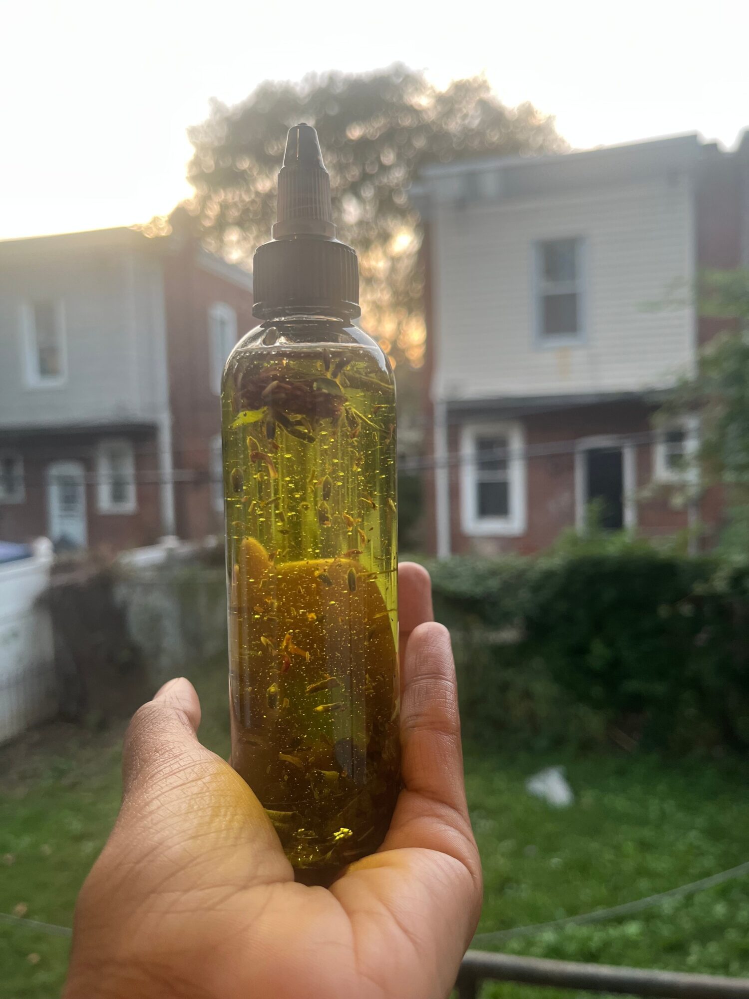 Hand holding a glass bottle with a dark liquid, outdoors with houses and trees in the background.