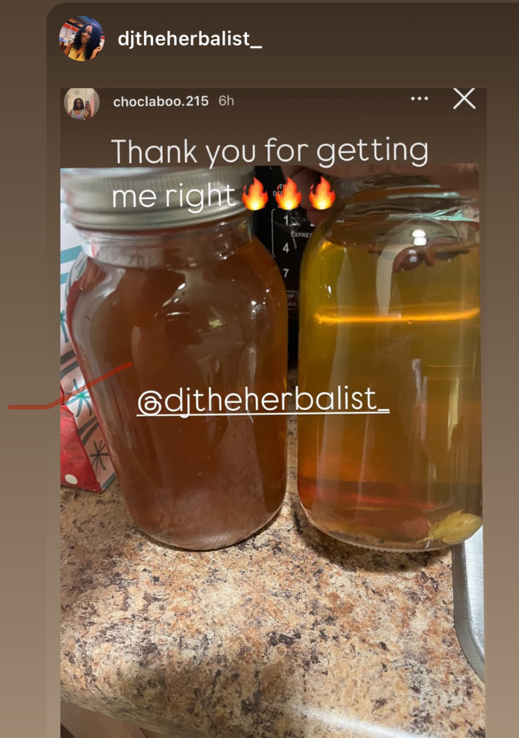 Two glass jars with liquids on a kitchen countertop, one dark and one light, with text overlay thanking someone.