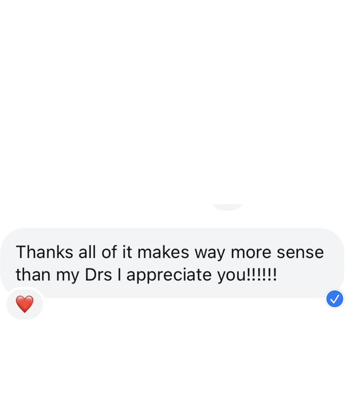 Text message on screen thanking someone and expressing appreciation, with a red heart and blue check mark icons. Word count: 20