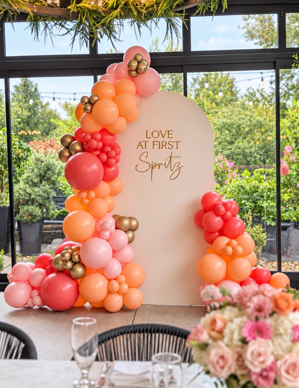 Balloon arch with pink, peach, and gold balloons surrounds a white backdrop with text, in a bright room with large windows.