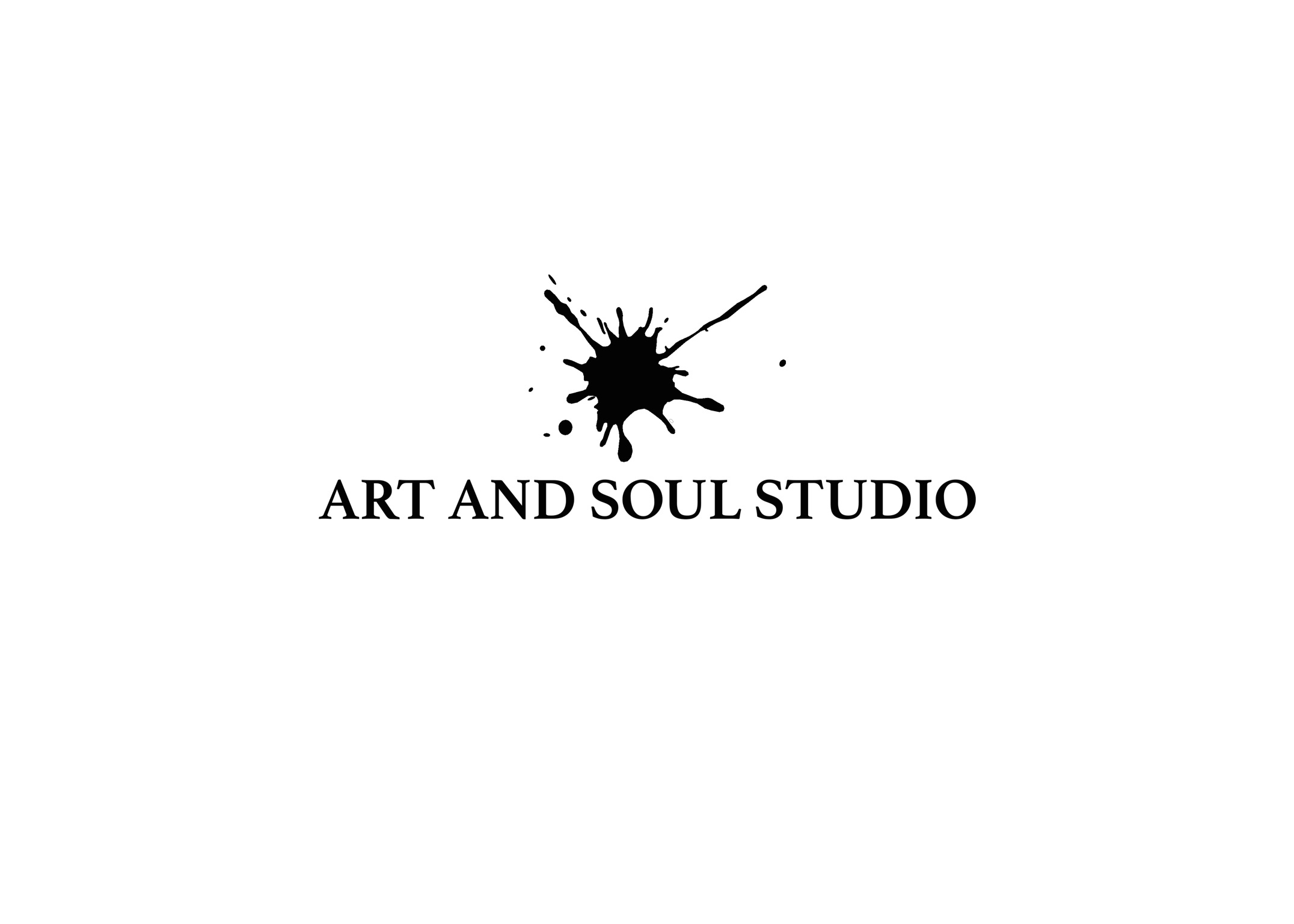 Black ink splatter above text 'ART AND SOUL STUDIO' on white background.