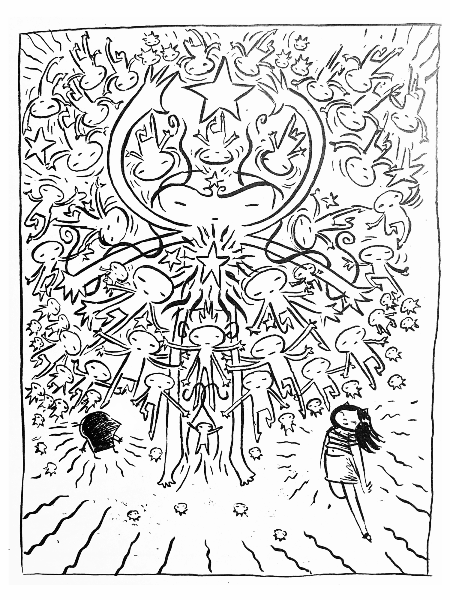 A large, intricate design with a crescent moon, star, and various abstract shapes and figures, with a person walking away on the right.