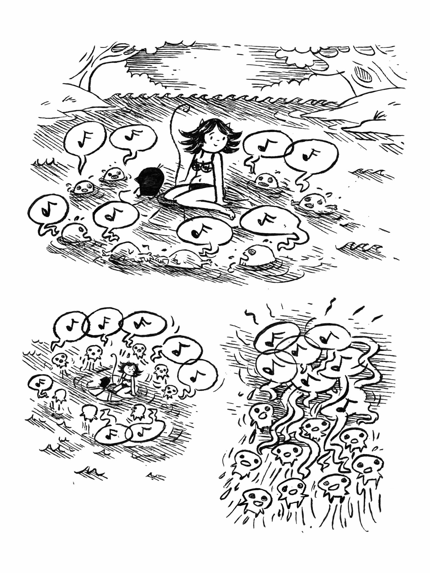 Girl sitting in water surrounded by numerous fish with musical notes, in a natural outdoor setting, black and white illustration.