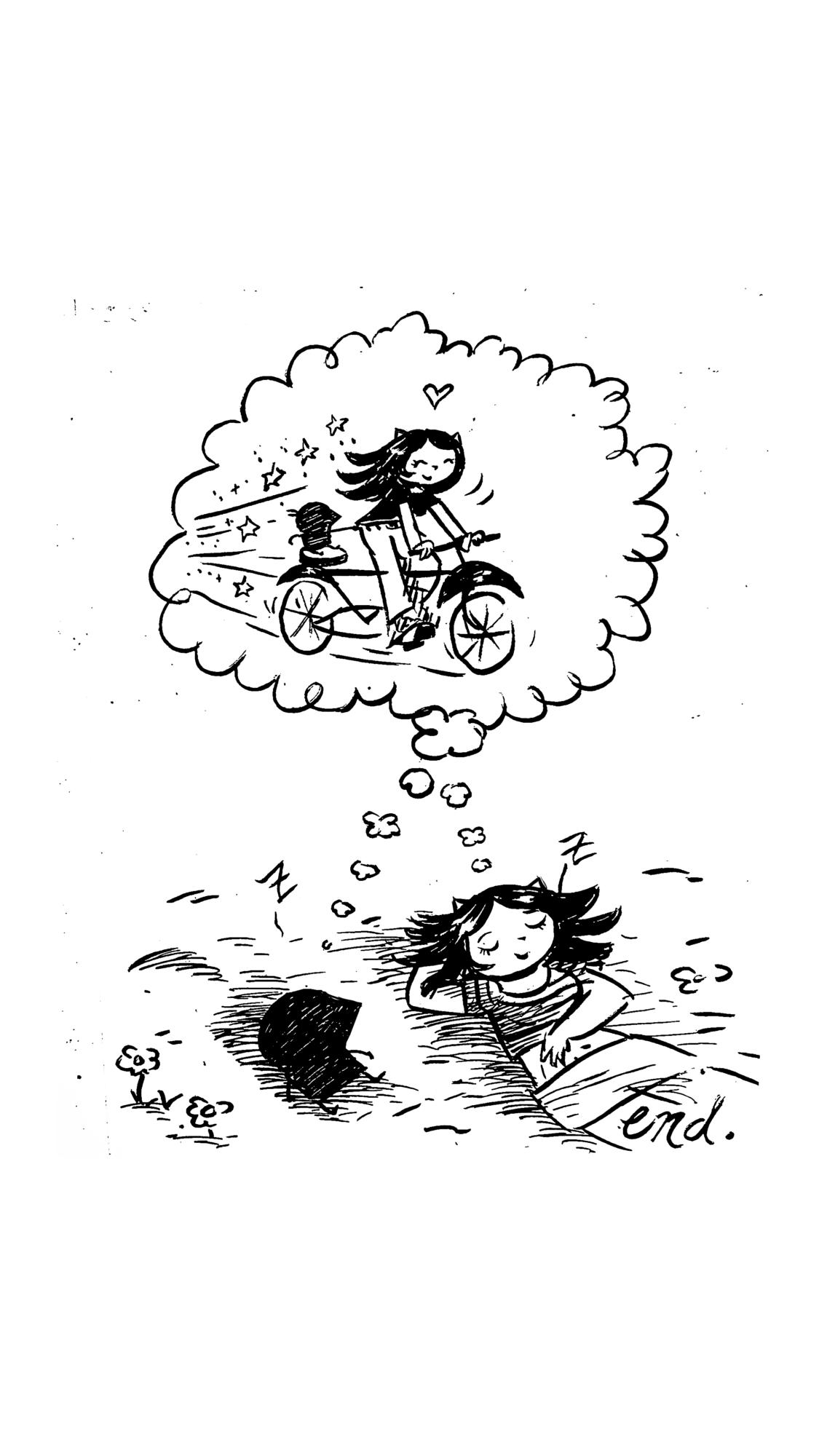 Girl swimming in water dreaming of riding a bicycle with a girl, surrounded by a cloud-shaped thought bubble, with a small fish nearby.