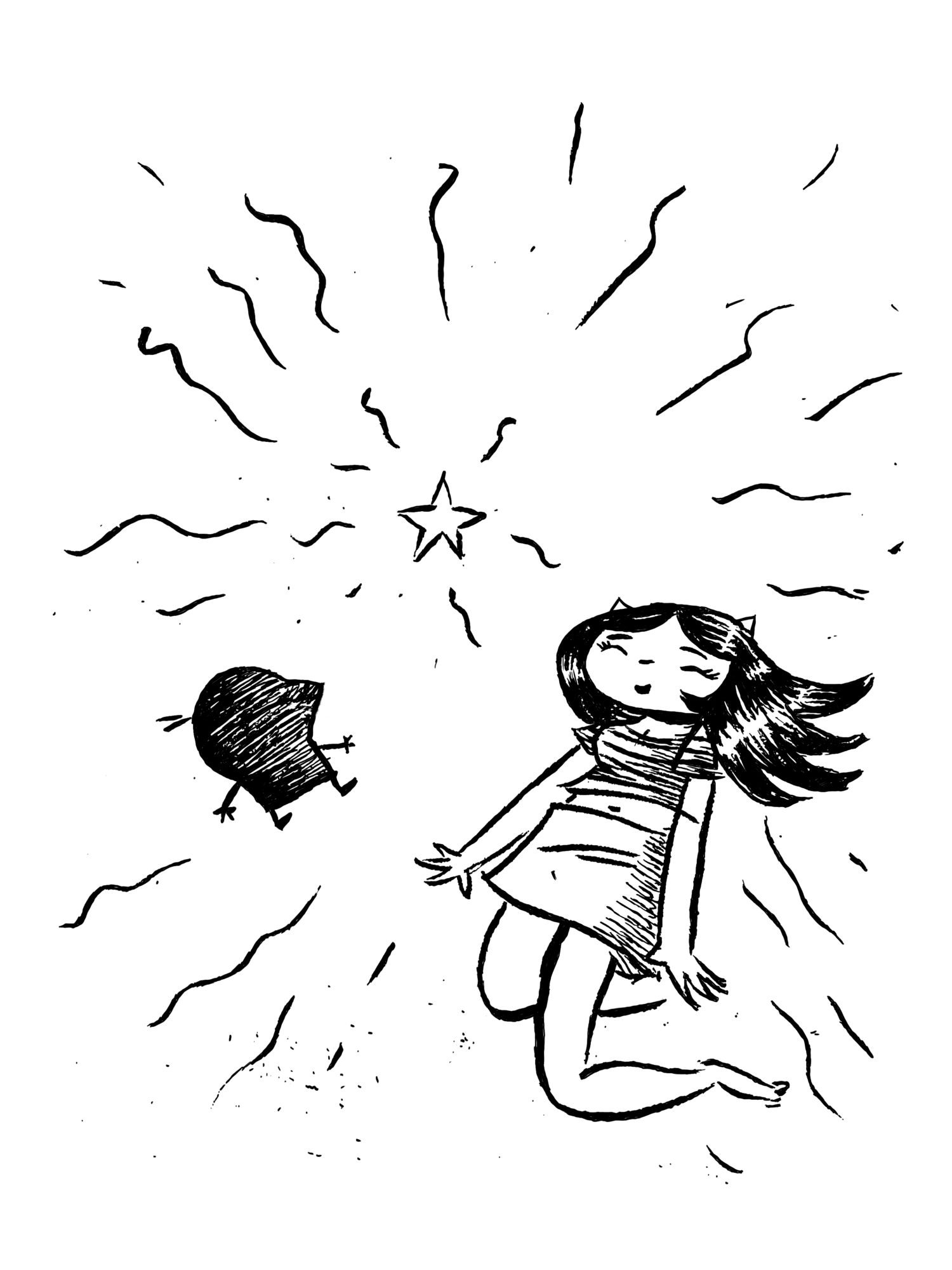 Girl with long hair and striped dress jumps with a star and lines radiating outward, indicating excitement or celebration.