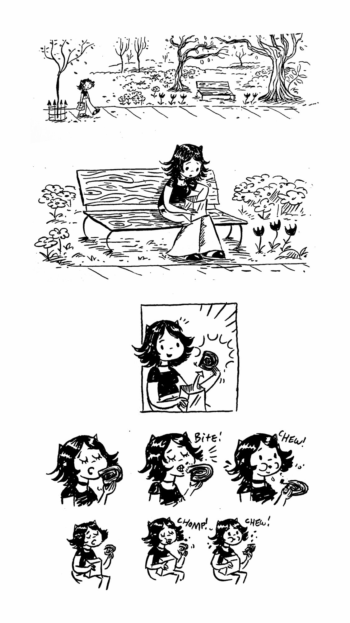 A girl sitting on a park bench, holding a doll, with trees and a pond in the background, and a comic strip of her eating and reacting.