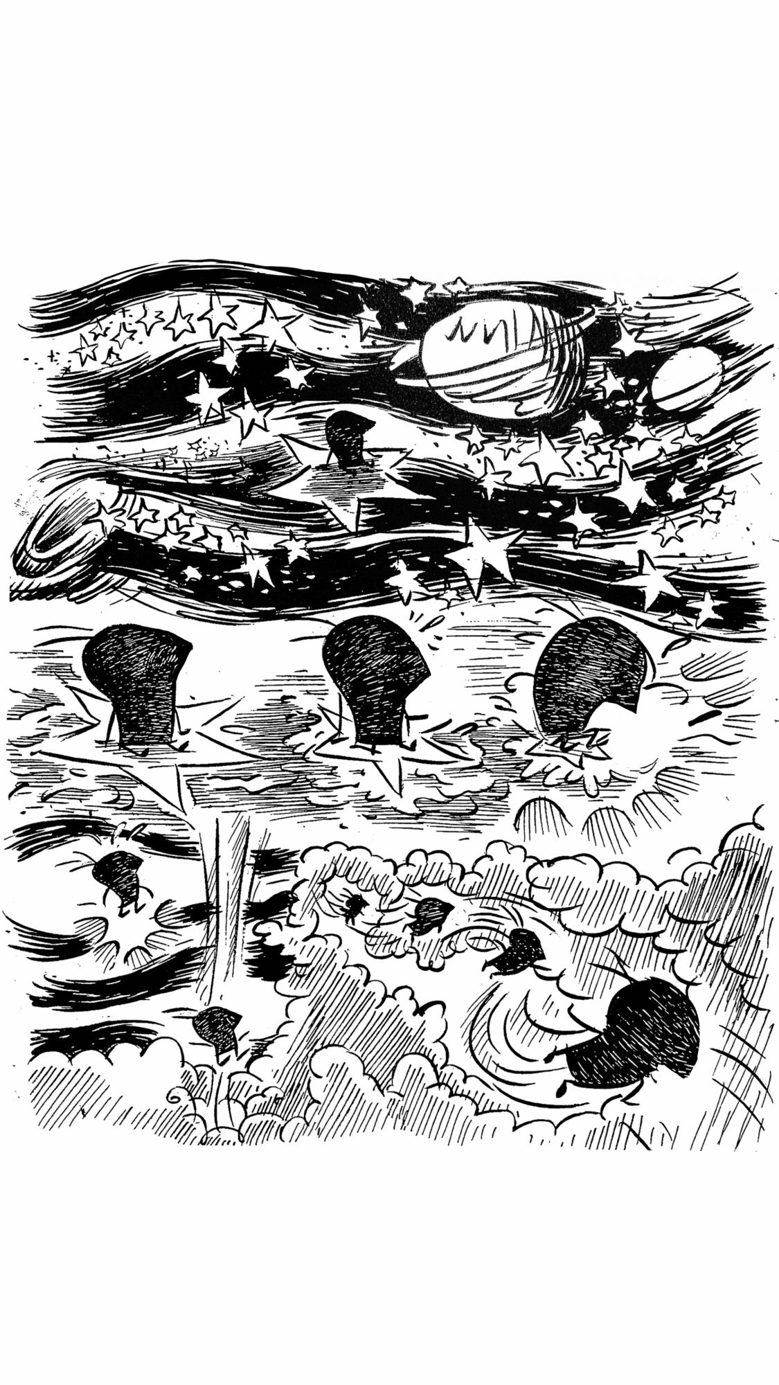 Children swimming in a pool with a large fish sculpture overhead, surrounded by plants and water features, in black and white.