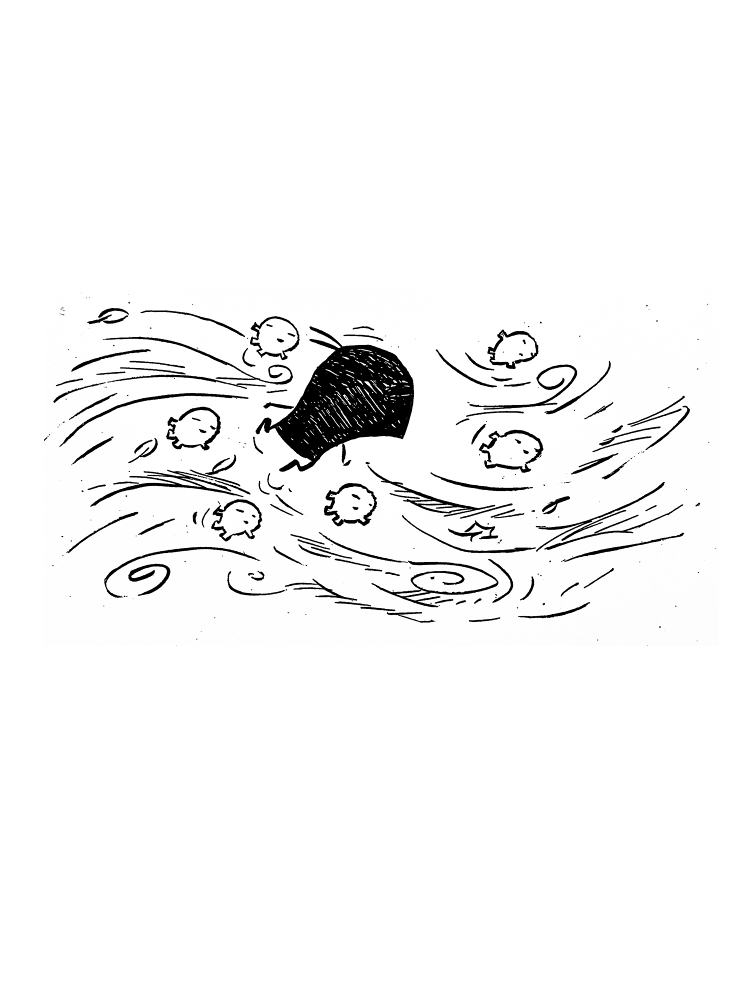 A person swimming with six floating objects around them in water, with ripples and movement lines.