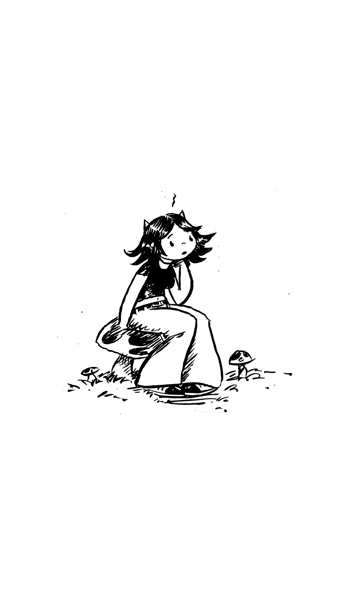 A girl with short hair sits on a rock by water, looking to the side, with a small fish nearby.