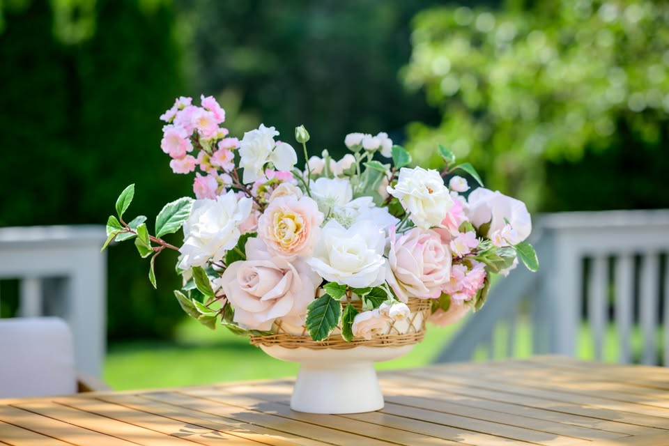 A floral arrangement with pink and white flowers in a white vase on a wooden table outdoors, with greenery in the background.