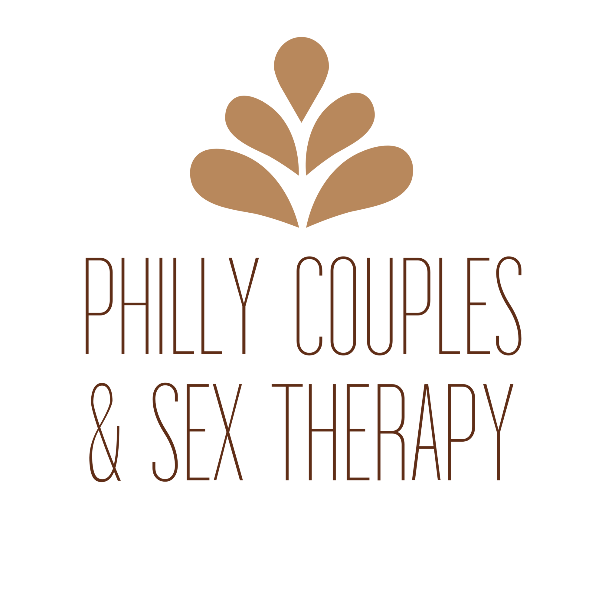 Logo with stylized plant and text 'Philly Couples & Sex Therapy' in brown on black background.
