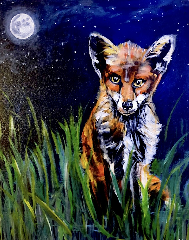 A fox sitting in tall grass under a starry night sky with a full moon, looking directly at the viewer.
