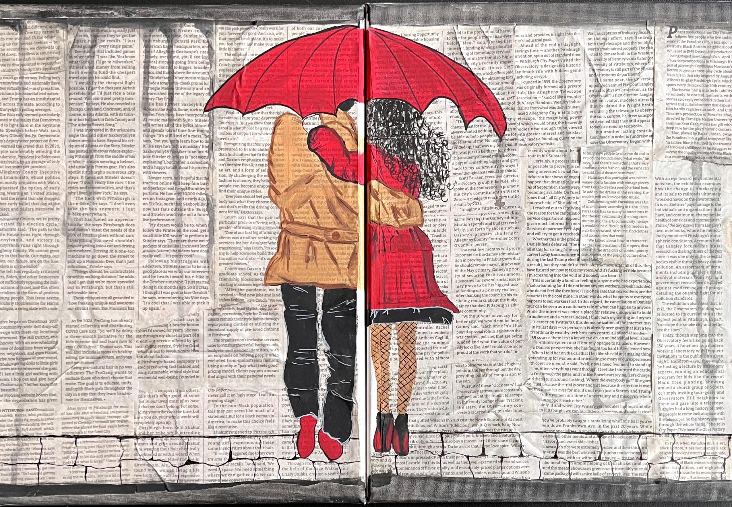 Two people sharing an umbrella, one in a tan coat and the other in a red coat, standing close together.