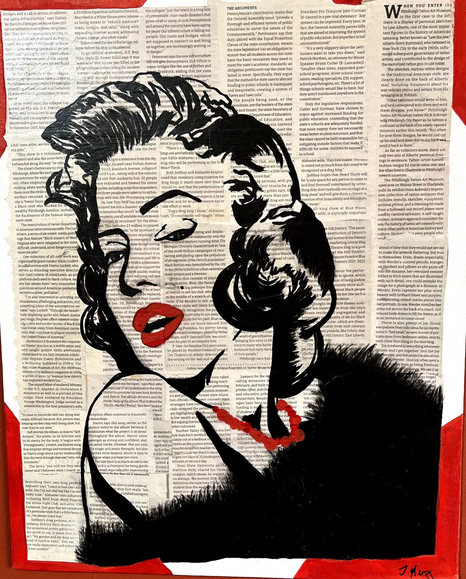 Portrait of a woman with wavy hair, red lips, and a confident expression, drawn on newspaper pages with black and red ink.