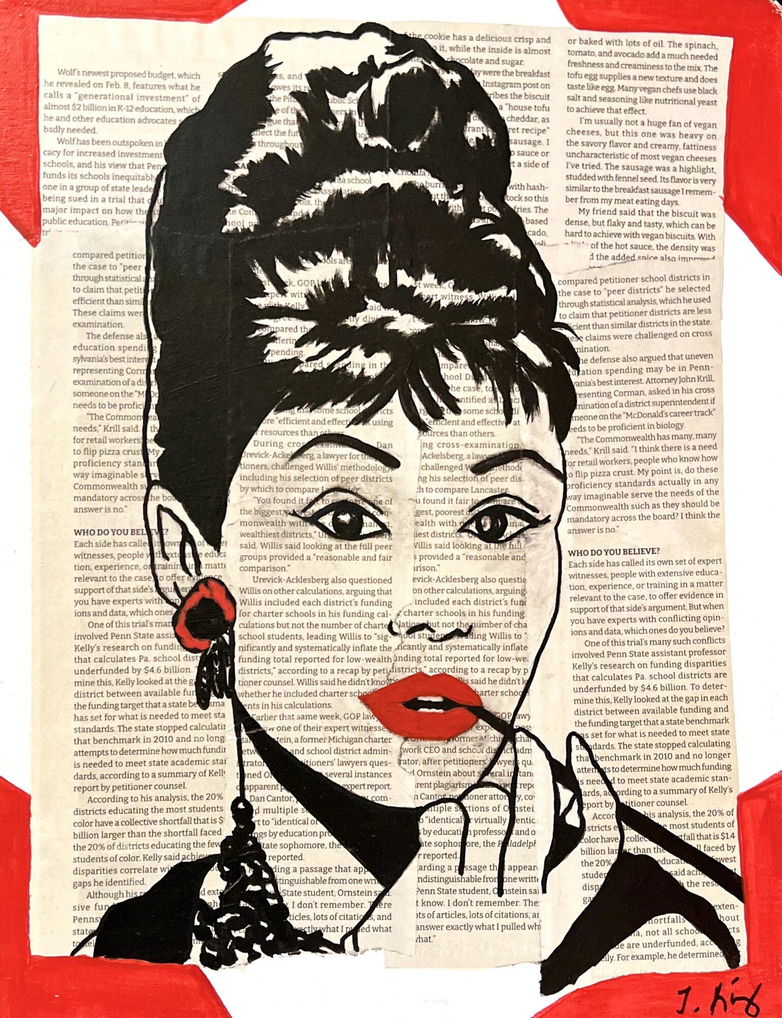 Illustration of a woman with an updo hairstyle, red lipstick, earrings, and holding a makeup brush, on a newspaper background.