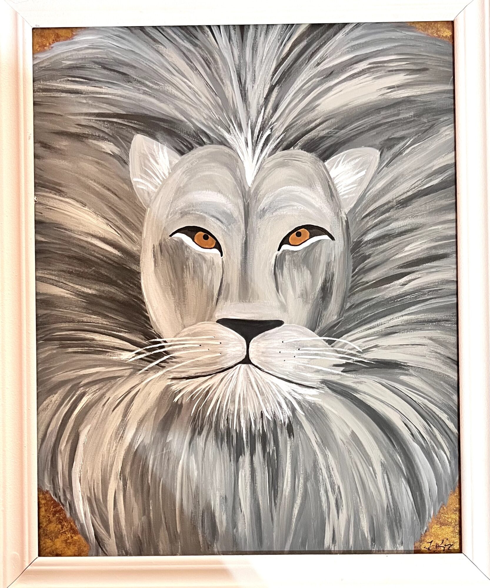Painting of a lion's face with detailed mane, golden eyes, and a neutral expression.