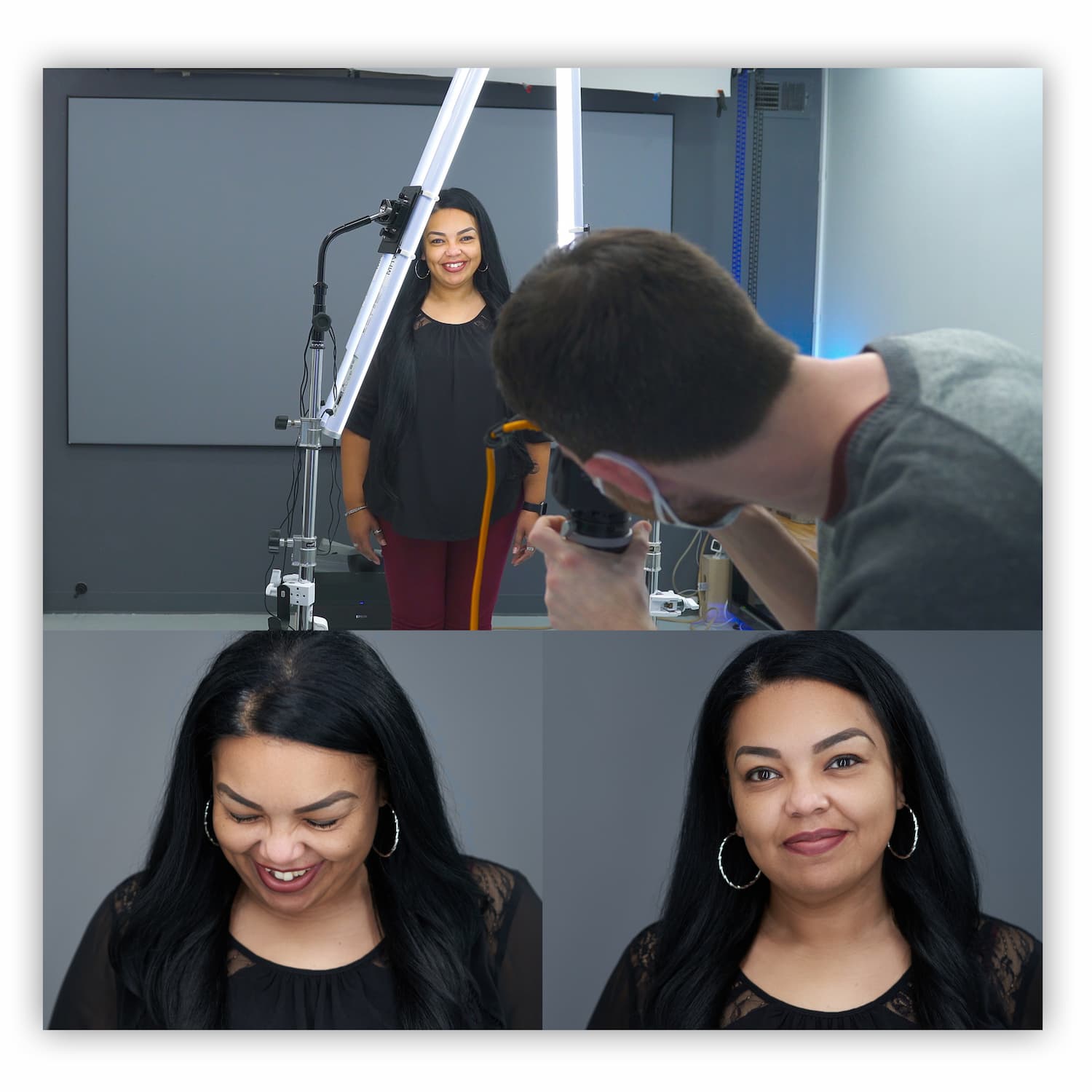 Person taking a photo of a woman smiling in a studio with equipment, two women posing in front, one smiling, one neutral.