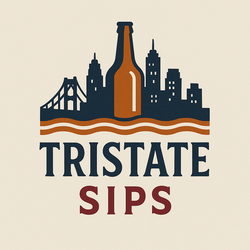 Logo with city skyline, a bottle, and waves, with text 'TRISTATE SIPS'.