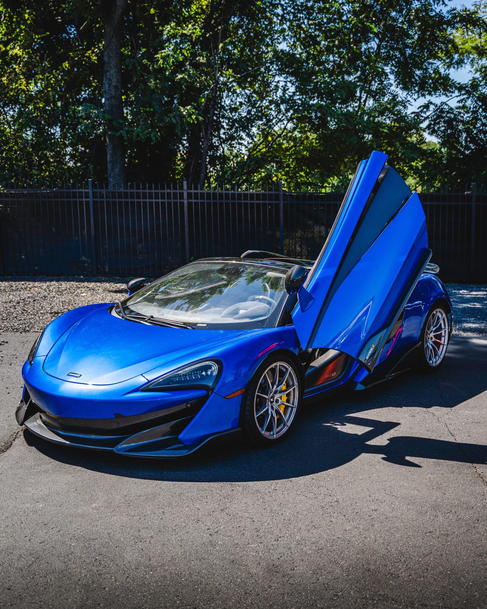 Blue sports car with open vertical doors parked on street, trees and fence in background.