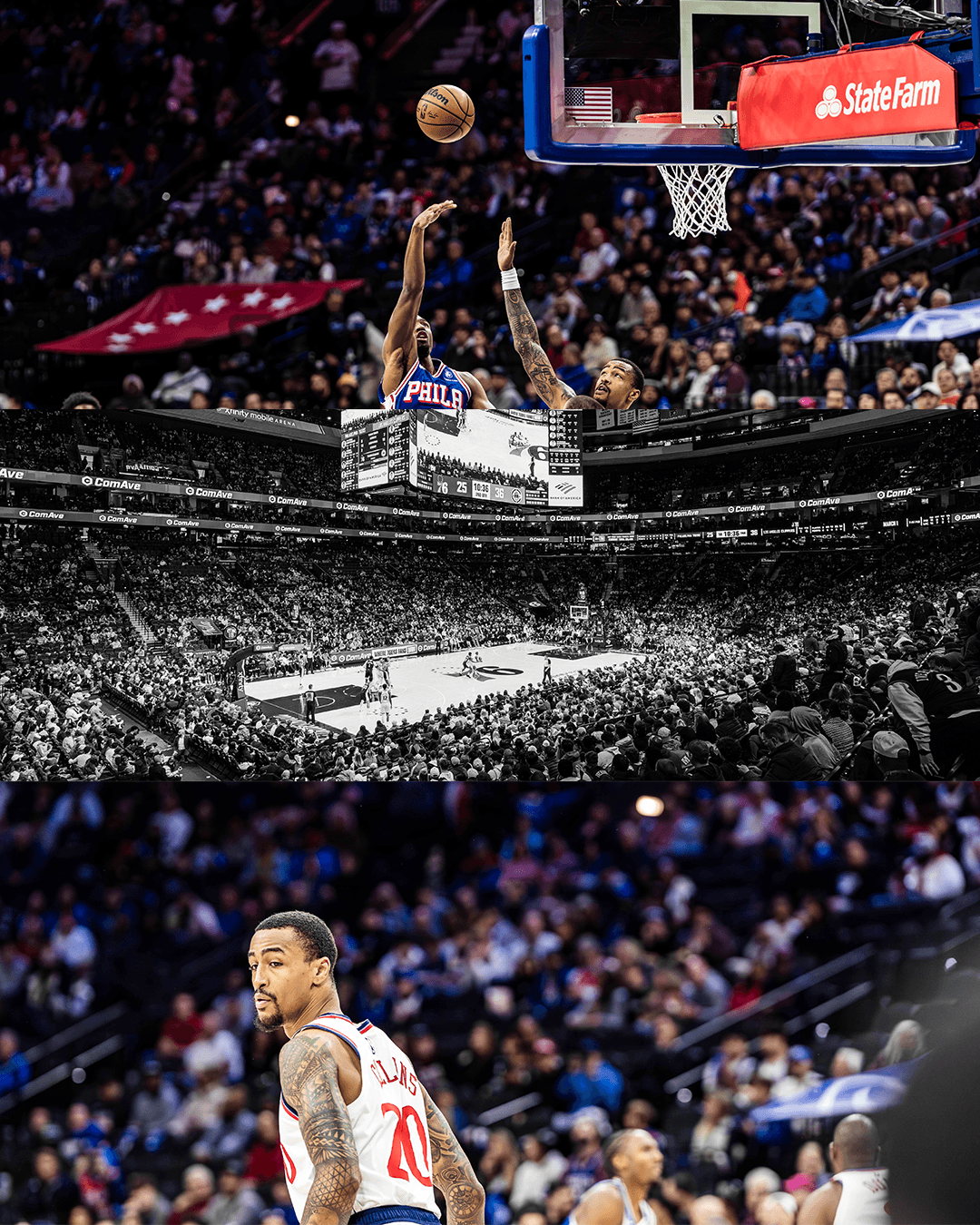 Basketball player in mid-air attempting a shot during a game, with a crowd in the background.
