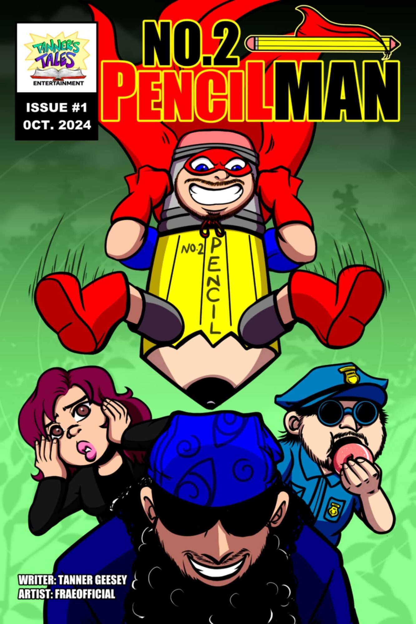 Three cartoon characters, one dressed as a superhero with a yellow cape, and two others in police and casual outfits, sitting on grass.