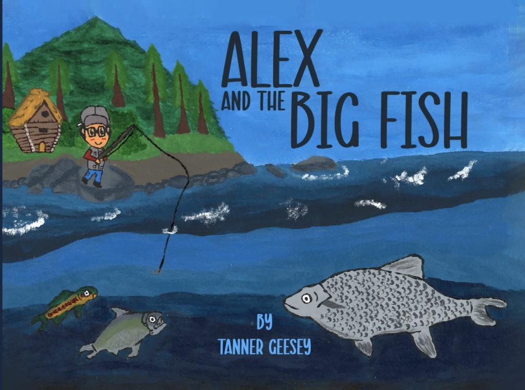 Children fishing by a lake with mountains and trees, large fish in water, and text about Alex and the Big Fish.