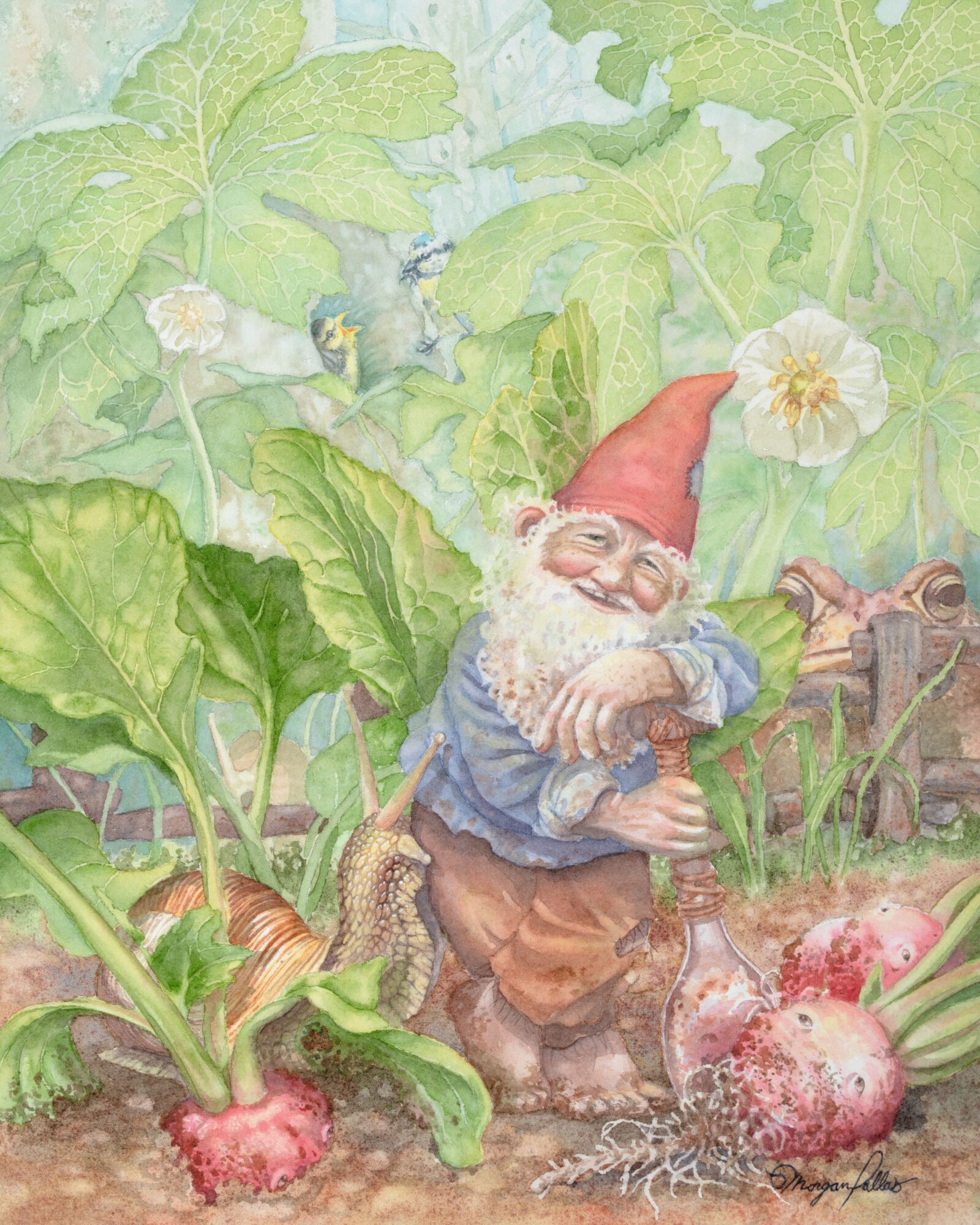 A garden scene with a smiling gnome wearing a red hat, surrounded by large leafy plants and vegetables.