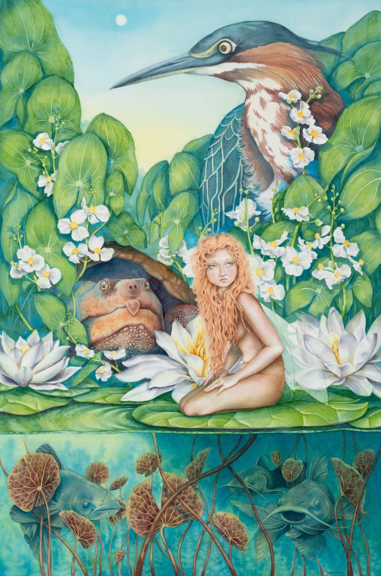 A fantasy scene with a girl sitting on water lilies among lush green plants, a bear, and a large bird in a vibrant landscape.