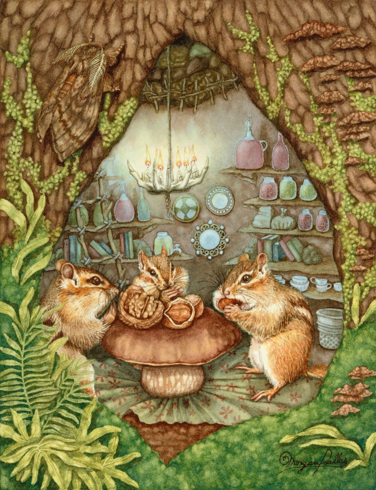 Three small animals sit around a table inside a cozy, decorated room with shelves and hanging ornaments.