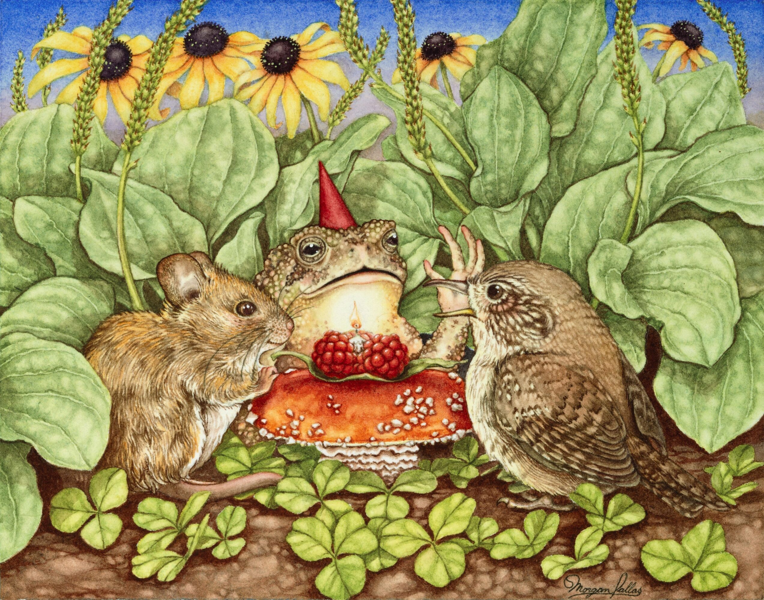 Two mice and a bird gather around a cake with berries, surrounded by green leaves and yellow flowers.