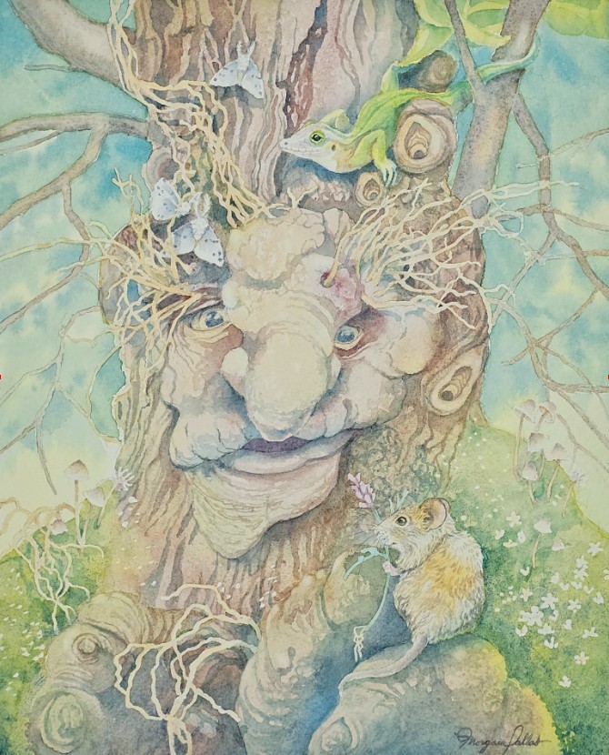 A tree with a face, surrounded by greenery and small animals, blending natural and fantastical elements.