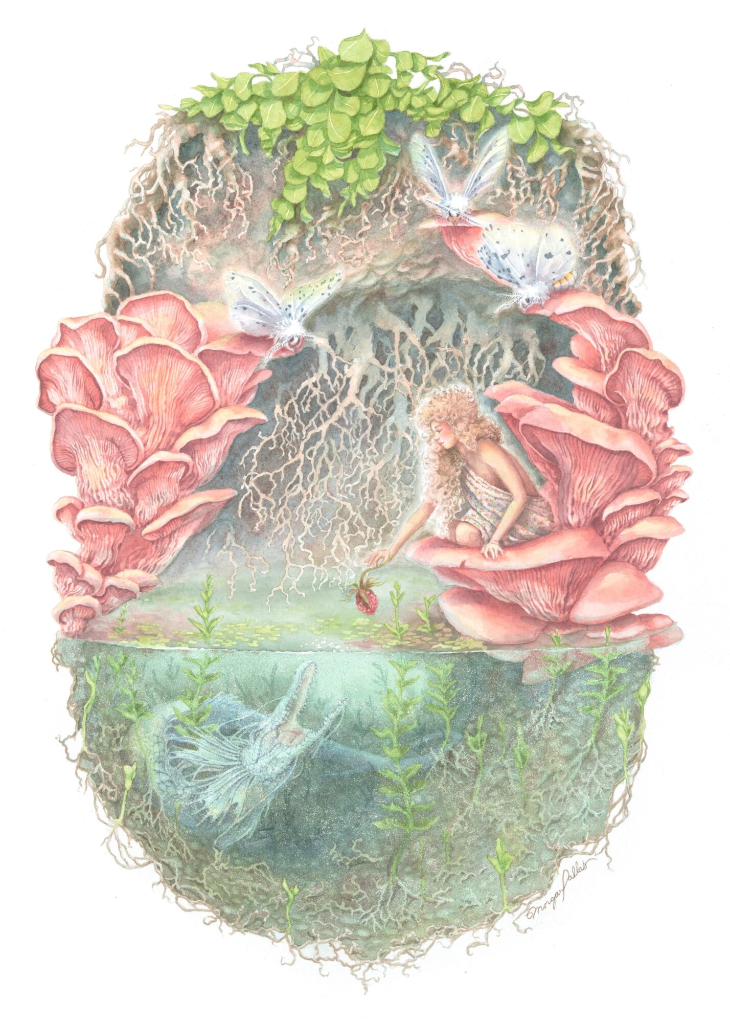 A colorful illustration of a forest scene with birds, a monkey, and a pond with fish, surrounded by lush plants.