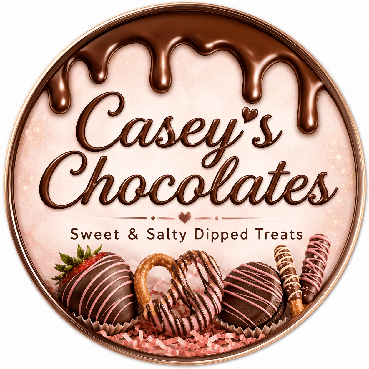 Chocolate-covered strawberries and treats on pink shredded paper, with dripping chocolate at the top, labeled Casey's Chocolates, Sweet & Salty Dipped Treats.